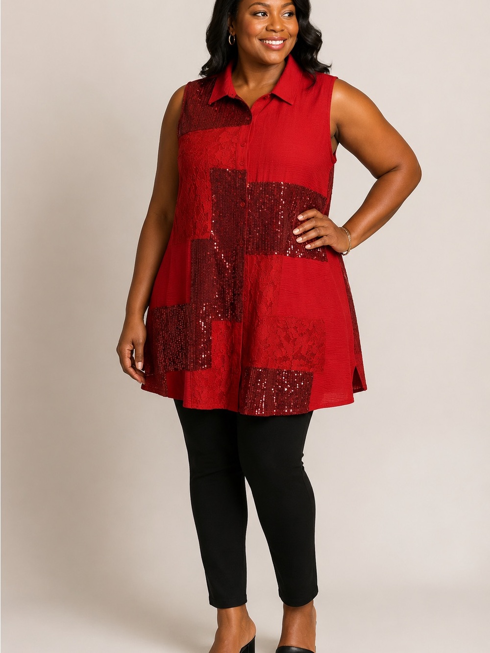 Origami by Vivien Red Sequin Patchwork Sleeveless Tunic